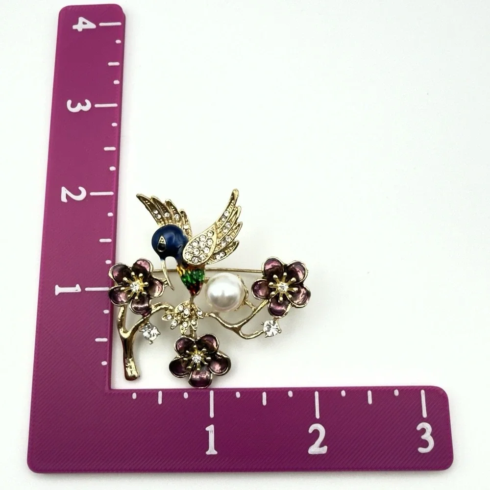 Hummingbird & Peacock Brooch Set Gold Tone Rhinestone Enamel Bird Pins